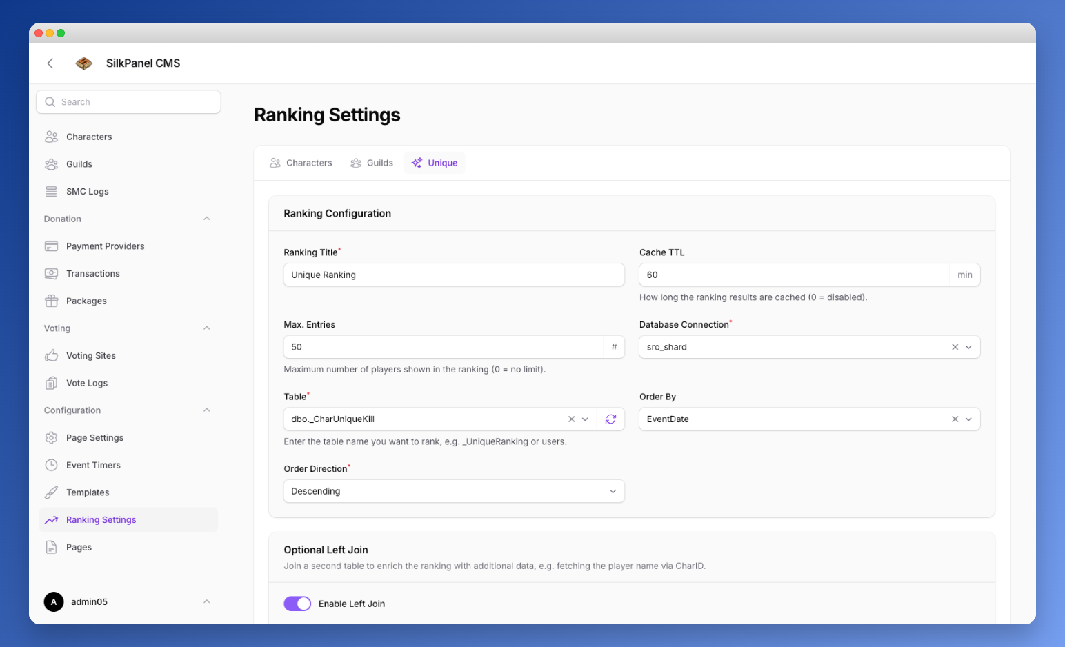 Ranking Settings