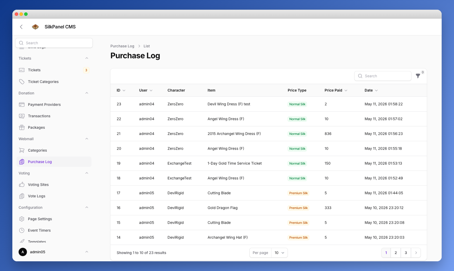 Webmall Purchase Log